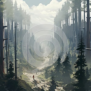 Detailed Atmospheric Portrait Of A Forest With Mountains And Path In Anime-influenced Style