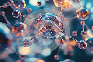 Detailed atomic structure visualized with clear glass-like spheres and vibrant colors
