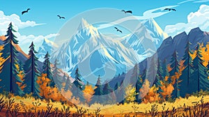 Detailed autumn mountain valley landscape illustration modern illustration. Beautiful and wild fall nature scenery