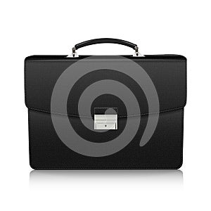 Detailed black briefcase with leather texture on white background.