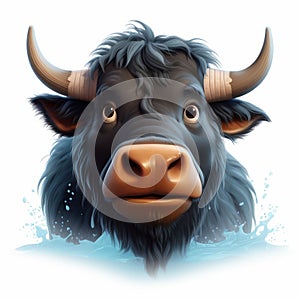 Detailed Black Cow Head Illustration In Water - Vibrant Caricatures