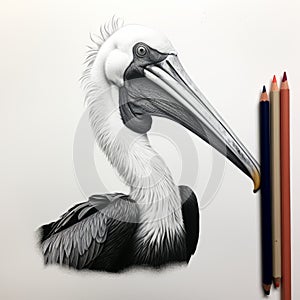 Detailed Black And White Colored Pencil Drawing Of A Pelican