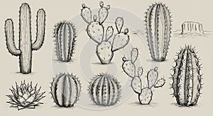 A detailed black and white illustration depicting various cactus species. The photo