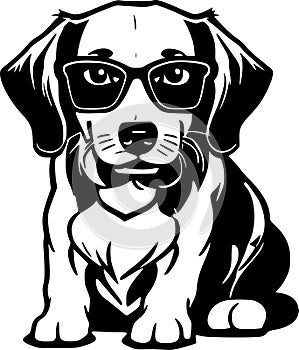A detailed black and white illustration of a dog wearing sunglasses and a bow tie.