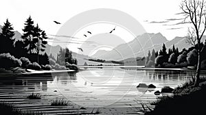 Detailed Black And White Lake Scene With Birds And Mountains