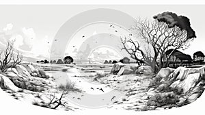 Detailed Black And White Landscape Illustration With Icy Stream
