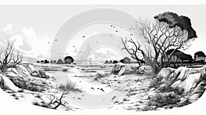 Detailed Black And White Landscape Illustration With Icy Stream photo