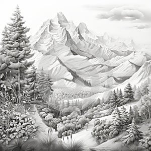 Detailed Black And White Mountain Landscape Drawing