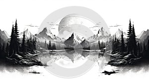 Detailed Black And White Nature Illustration With Woods, Moon, And Water