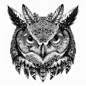 Detailed Black And White Owl Head Illustration