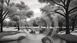 A Detailed Black And White Photo Of A River Surrounded By Trees AI Generative