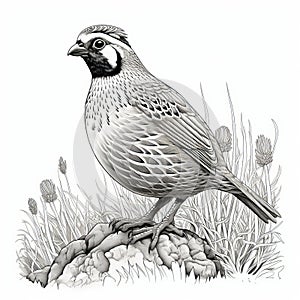 Detailed Black And White Quail Illustration In The Style Of Emek Golan