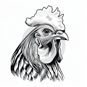Detailed Black And White Rooster Head Illustration
