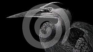 Detailed Black and White Scratchboard Illustration of Heron Head with Intricate Feather Texture and Sharp Beak on Solid