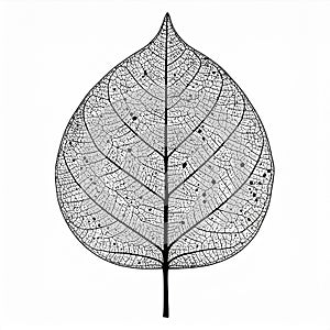 Detailed Black and White Skeleton Leaf on White Background