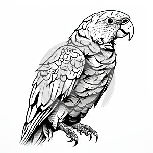 Detailed Black And White Sketch Of An Adult Parrot