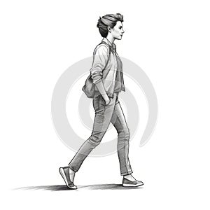 Detailed Black And White Sketch Of A Genderless Weatherwoman Walking In Profile View