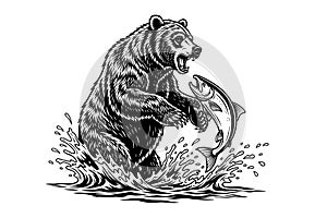 Detailed black and white vector of a grizzly bear catching a salmon in the river. Dynamic splash and action pose perfect for photo