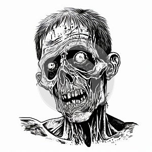 Detailed Black And White Zombie Head Drawing - Realistic Illustration