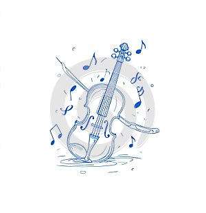 Hand-Drawn Blue Violin with Musical Notes Illustration