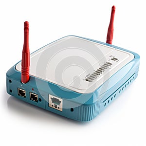 Detailed Blue Router With Red And Blue Antennas On White Surface