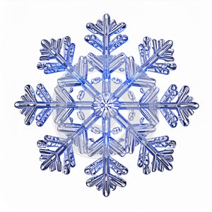 Detailed Blue Snowflake Crystal Structure Against a White Background Macro View