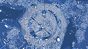 Detailed blue vector map poster of Yerevan city, linear print map. Skyline urban panorama