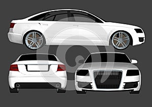Detailed body and rims of a flat colored car cartoon vector illustration with shadow effect isolated in grey background