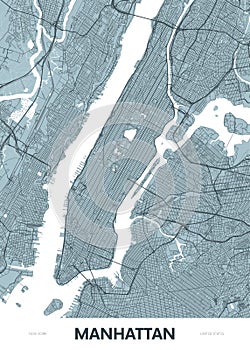 Detailed borough map of Manhattan New York city, color vector city street plan, printable travel poster or postcard photo