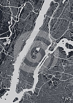 Detailed borough map of Manhattan New York city, monochrome vector poster or postcard city street plan aerial view