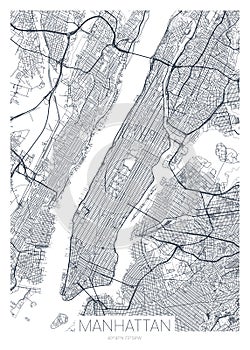 Detailed borough map of Manhattan New York city, vector poster or postcard for city road and park plan