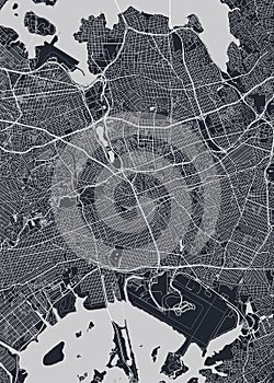 Detailed borough map of Queens New York city, monochrome vector poster or postcard city street plan aerial view