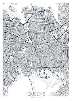 Detailed borough map of Queens New York city, vector poster or postcard for city road and park plan