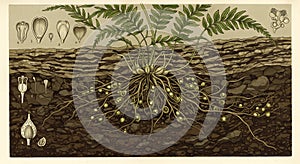 Detailed botanical diagram of a complex root system