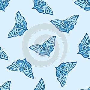 Detailed Butterflies Hand Painted Seamless Pattern. Realistic Blue Morpho Wings Background for Nature Texture. Light Sky Blue
