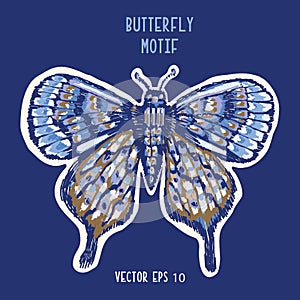 Detailed Butterfly Hand Painted Icon Motif. Realistic Blue Morpho Wings for Nature Clip Art Sticker, Isolated Element. Midgnight