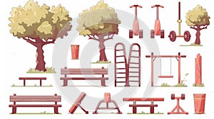 Detailed cartoon modern illustration of an outdoor street gym with fitness equipment in a park for workout and training.