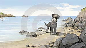 Detailed Cartoon Portrait Of A Miniature Schnauzer Puppy On A Beach