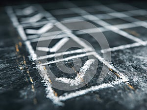 Detailed chalk-drawn checklist with multiple check marks on a dark textured surface highlighting progress and completion of tasks