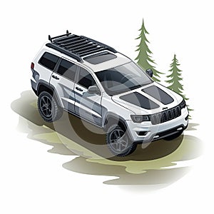 Detailed Character Design: White Jeep Cherokee Icon Car In Forest