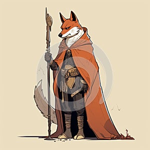 Detailed Character Illustration Of A Fox With Spear And Cloak