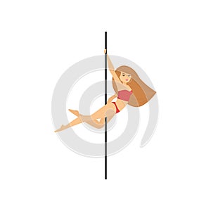 Detailed character woman pole dancer hanging on one hand back to pylon