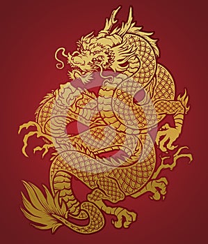 Coiled Chinese Dragon Gold on Red photo