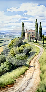Detailed Cinquecento Style Painting Of A Rural Country Dirt Road