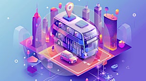 Detailed city bus route, isometric landing page with a cityscape, skyscraper buildings, navigation road pin, tourism