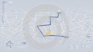 Detailed city street map with various points of interest. GPS tracking system to navigate and find way around the city