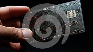 Detailed close-up of a bank card in the hands of a man, financial transaction concept