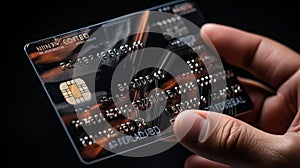 Detailed close-up of a bank card in the hands of a man, financial transaction concept