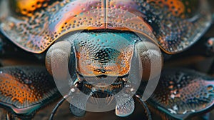 A detailed close-up of a beetle's iridescent shell, shimmering with metallic hues under the light