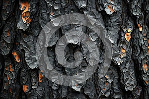 Detailed Close-Up of Black Charred Tree Bark Texture After Forest Fire